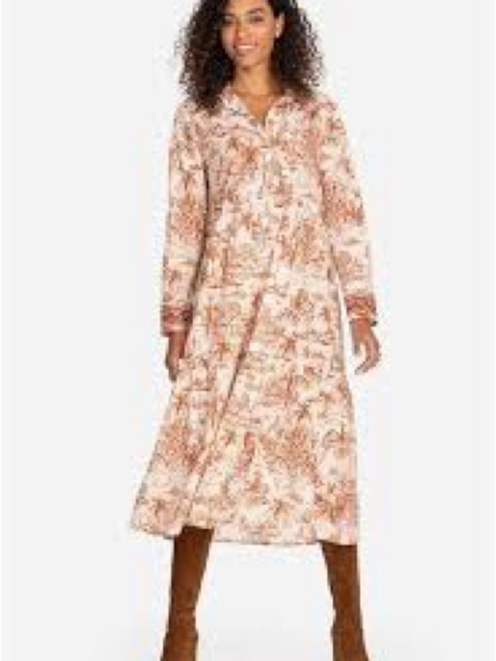 Johnny Was Cream and Brown Printed Long-Sleeve Midi Dress